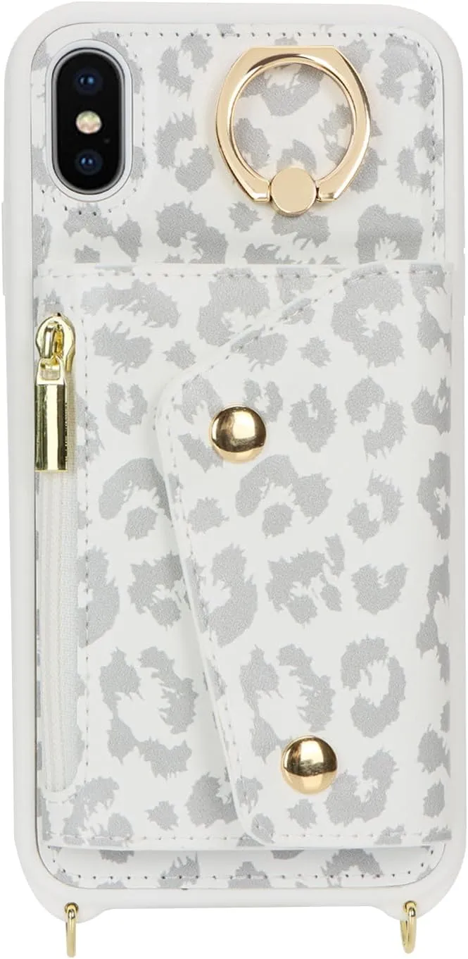 for iPhone X/XS Case with Card Holder and Strap - Zipper Pocket,Crossbody Lanyard Strap,Credit Card Holder,Stand Ring,Cute Phone Wallet Case for Women(White Leopard,5.8 Inch)