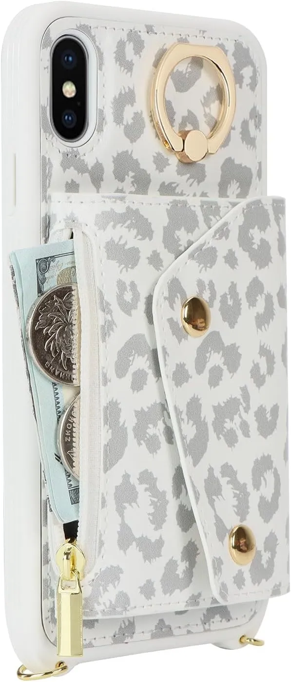 for iPhone X/XS Case with Card Holder and Strap - Zipper Pocket,Crossbody Lanyard Strap,Credit Card Holder,Stand Ring,Cute Phone Wallet Case for Women(White Leopard,5.8 Inch)