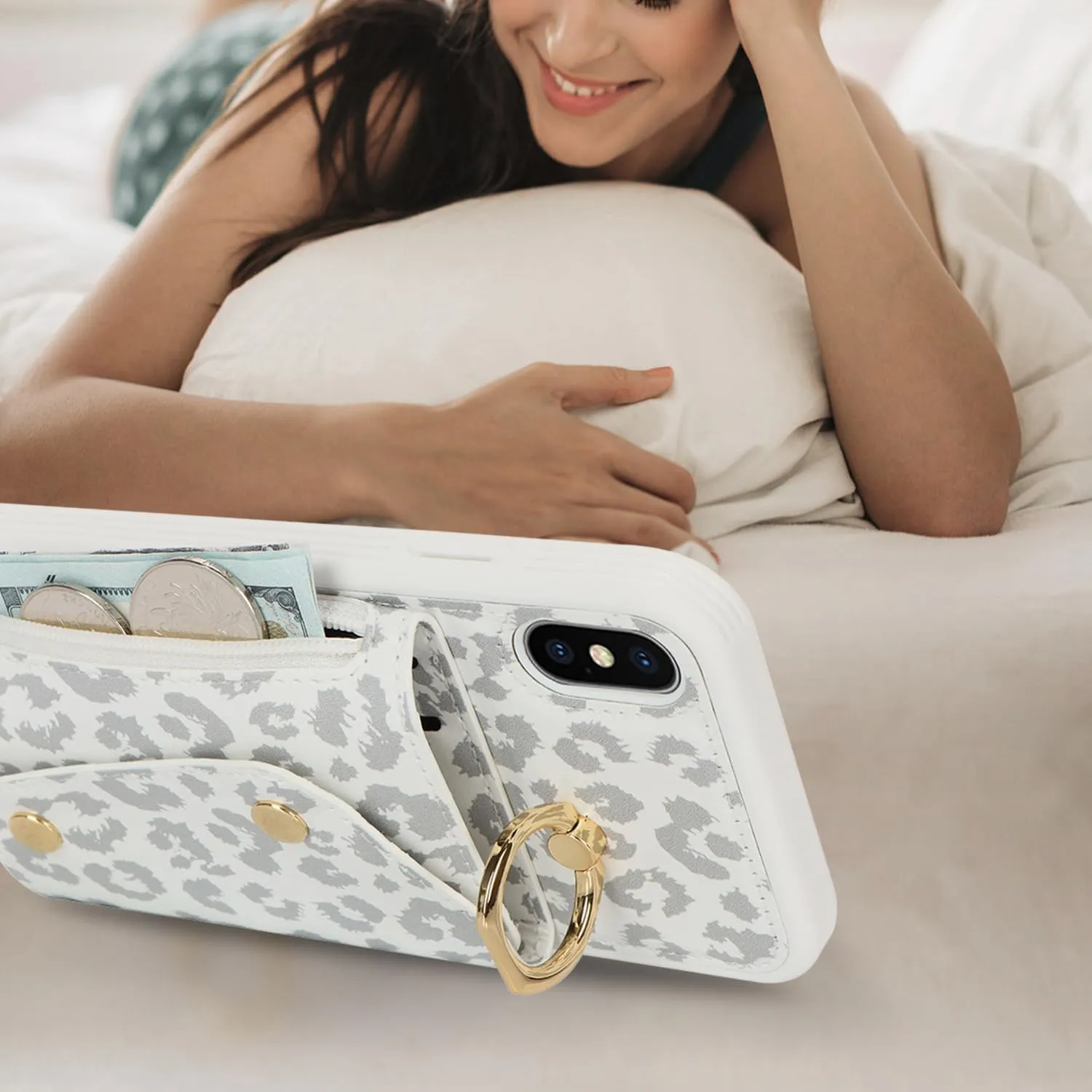 for iPhone X/XS Case with Card Holder and Strap - Zipper Pocket,Crossbody Lanyard Strap,Credit Card Holder,Stand Ring,Cute Phone Wallet Case for Women(White Leopard,5.8 Inch)