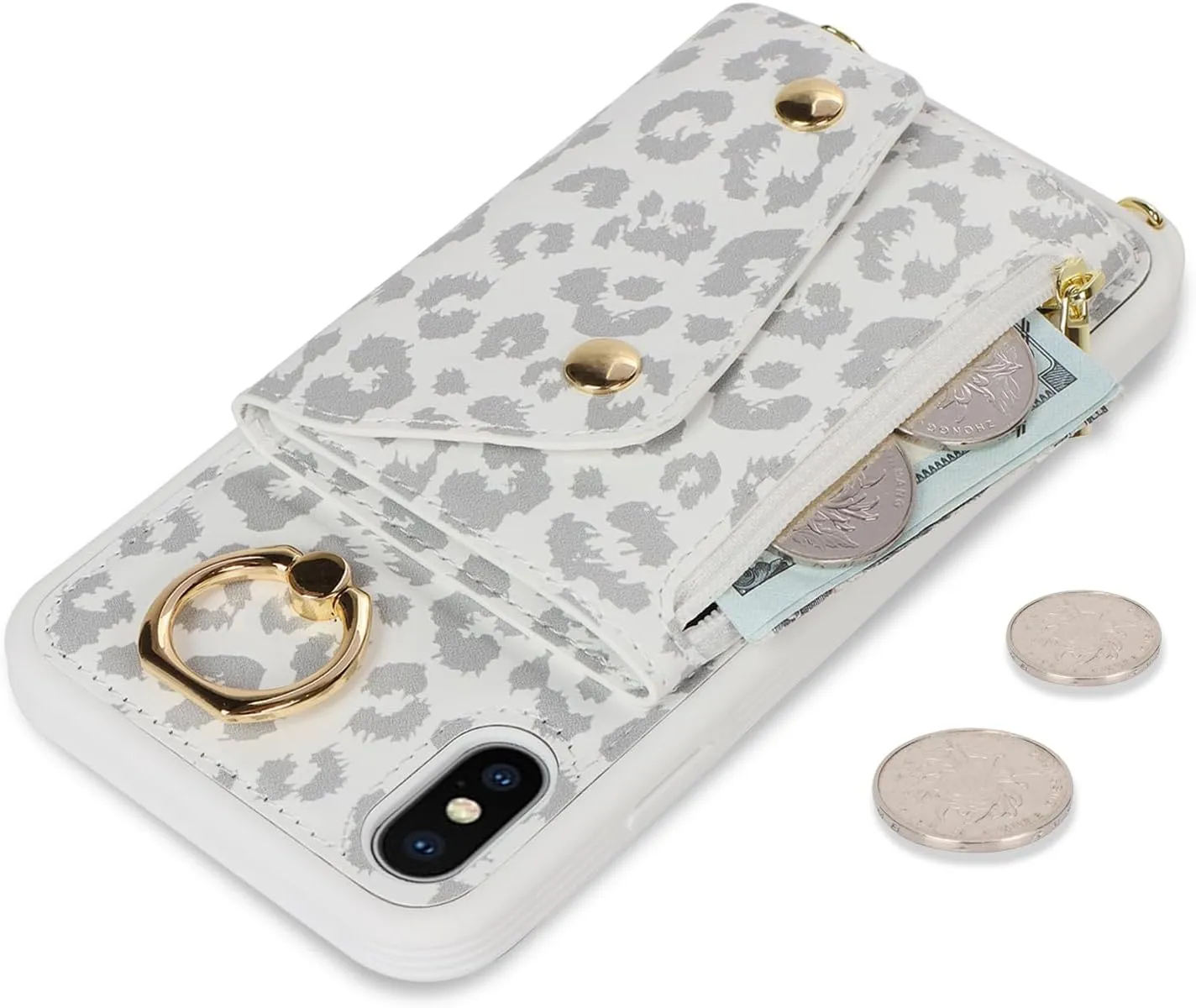 for iPhone X/XS Case with Card Holder and Strap - Zipper Pocket,Crossbody Lanyard Strap,Credit Card Holder,Stand Ring,Cute Phone Wallet Case for Women(White Leopard,5.8 Inch)