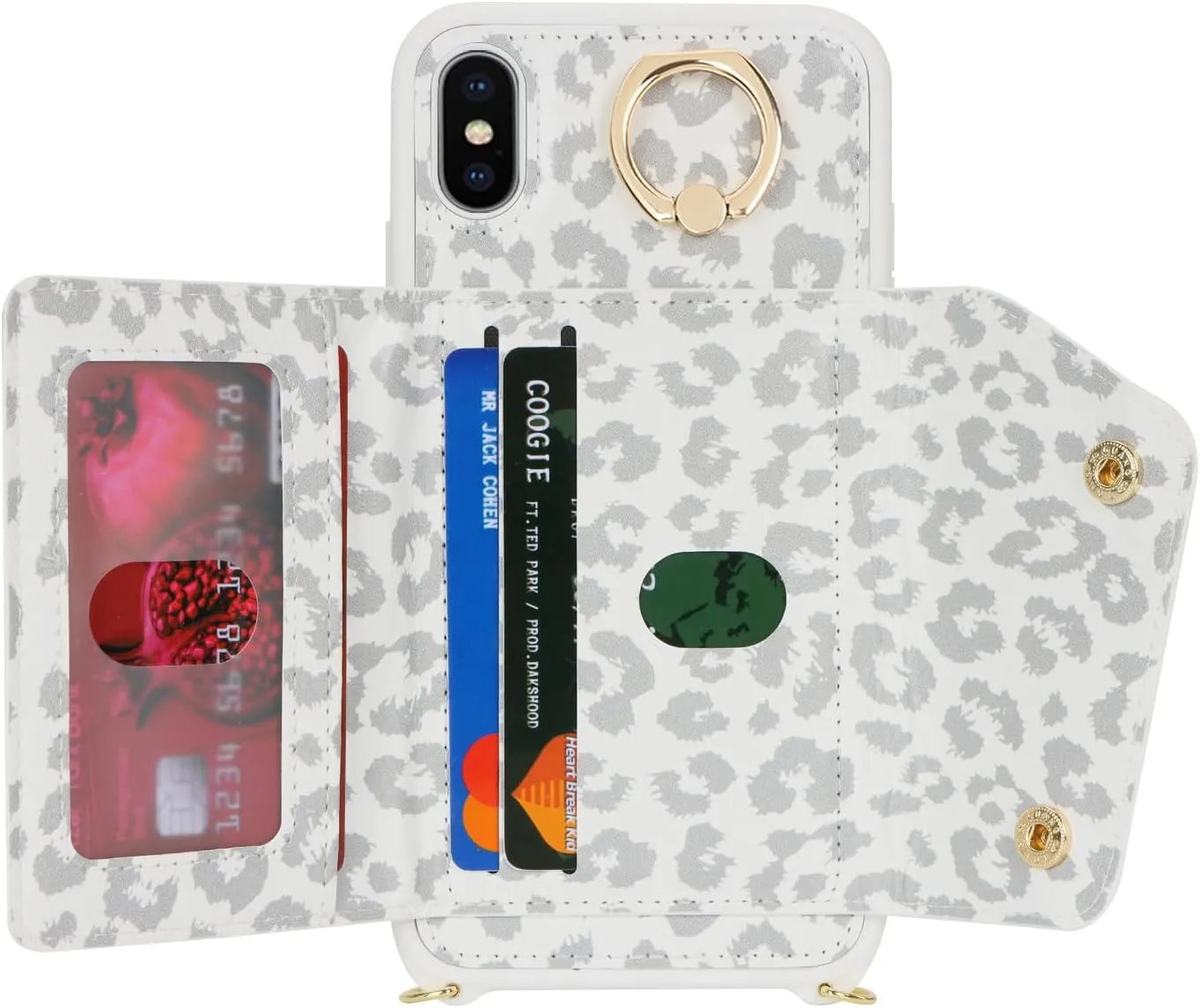 for iPhone X/XS Case with Card Holder and Strap - Zipper Pocket,Crossbody Lanyard Strap,Credit Card Holder,Stand Ring,Cute Phone Wallet Case for Women(White Leopard,5.8 Inch)