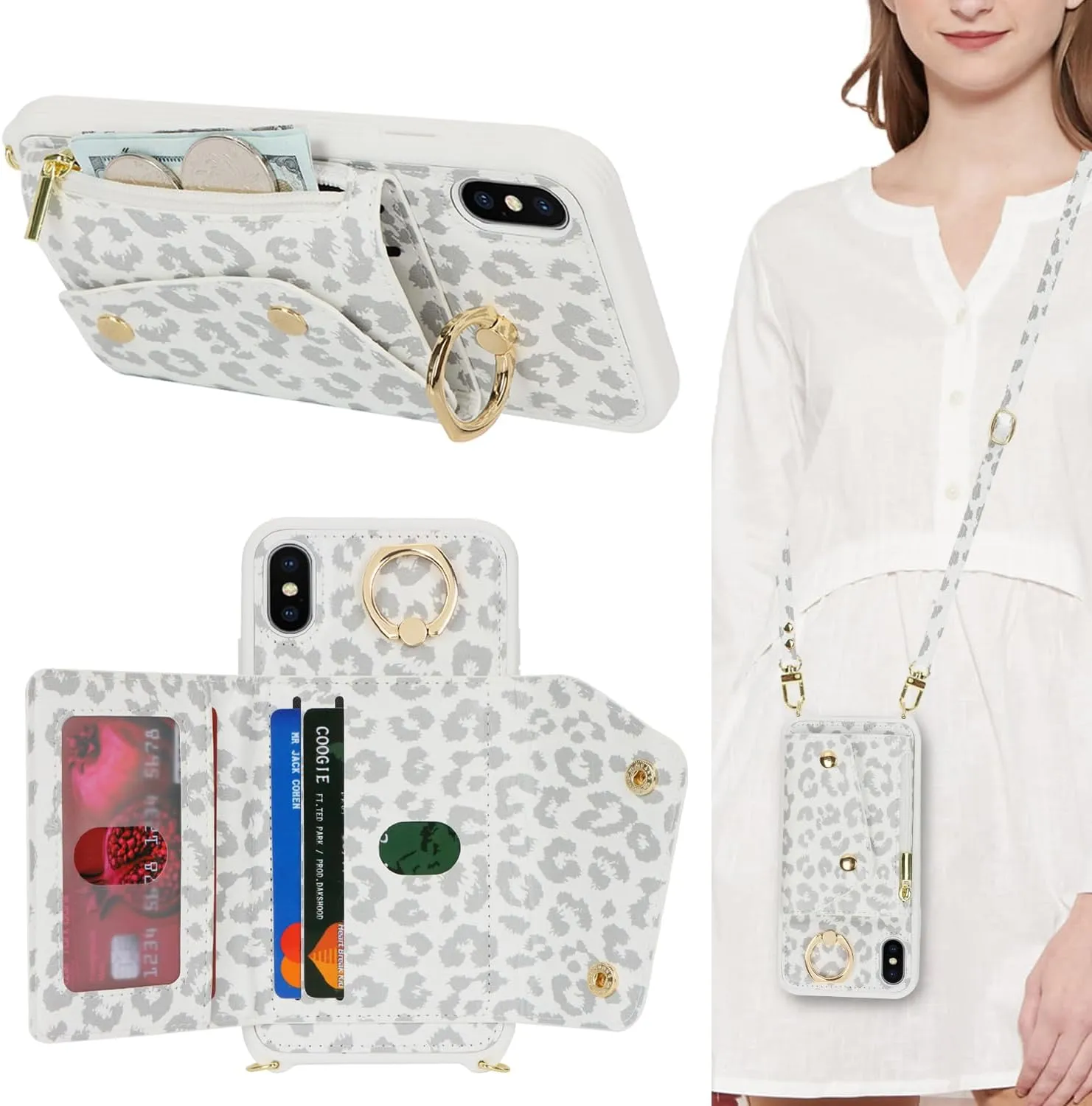 for iPhone X/XS Case with Card Holder and Strap - Zipper Pocket,Crossbody Lanyard Strap,Credit Card Holder,Stand Ring,Cute Phone Wallet Case for Women(White Leopard,5.8 Inch)