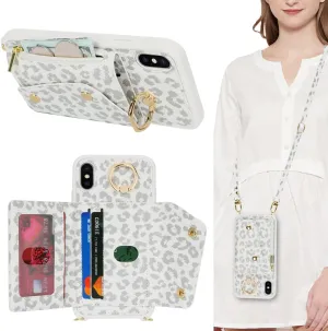 for iPhone X/XS Case with Card Holder and Strap - Zipper Pocket,Crossbody Lanyard Strap,Credit Card Holder,Stand Ring,Cute Phone Wallet Case for Women(White Leopard,5.8 Inch)