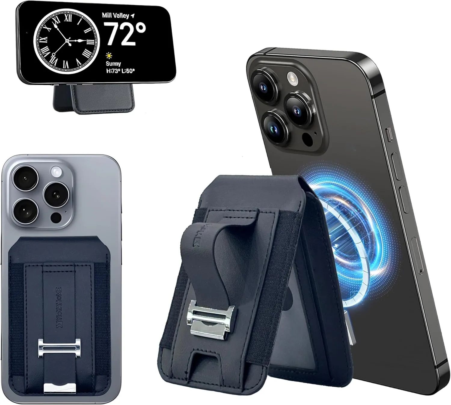 for Magsafe Wallet with Adjustable Stand and Grip, 10 Cards Holder Magnetic iPhone Wallet, Up to 4,500g Strength Magnet, for iPhone 16/15/14/13/12 Series, Black Wallet Black Band
