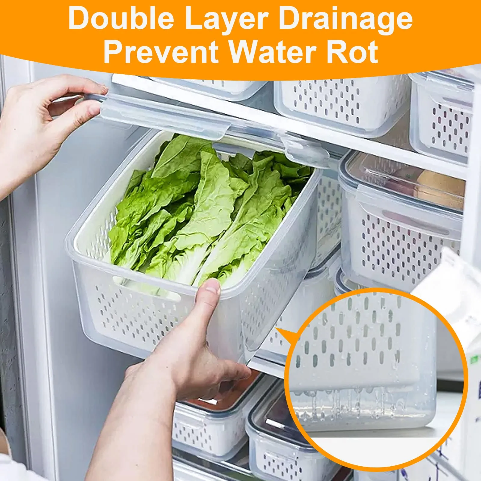 Fresh Food Storage Containers, 3 Pack Large Capacity Produce Saver Box with Drain Baskets & Lid for Vegetable and Fruit - BPA Free Stackable Refrigerator Organizer for Kitchen (0.8L 1.7L 3.15L)