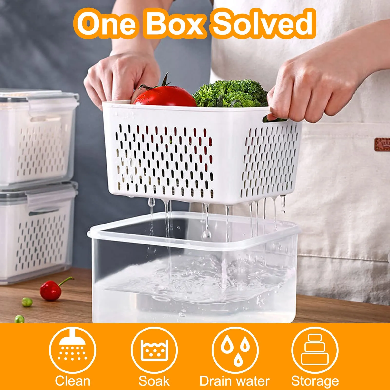 Fresh Food Storage Containers, 3 Pack Large Capacity Produce Saver Box with Drain Baskets & Lid for Vegetable and Fruit - BPA Free Stackable Refrigerator Organizer for Kitchen (0.8L 1.7L 3.15L)