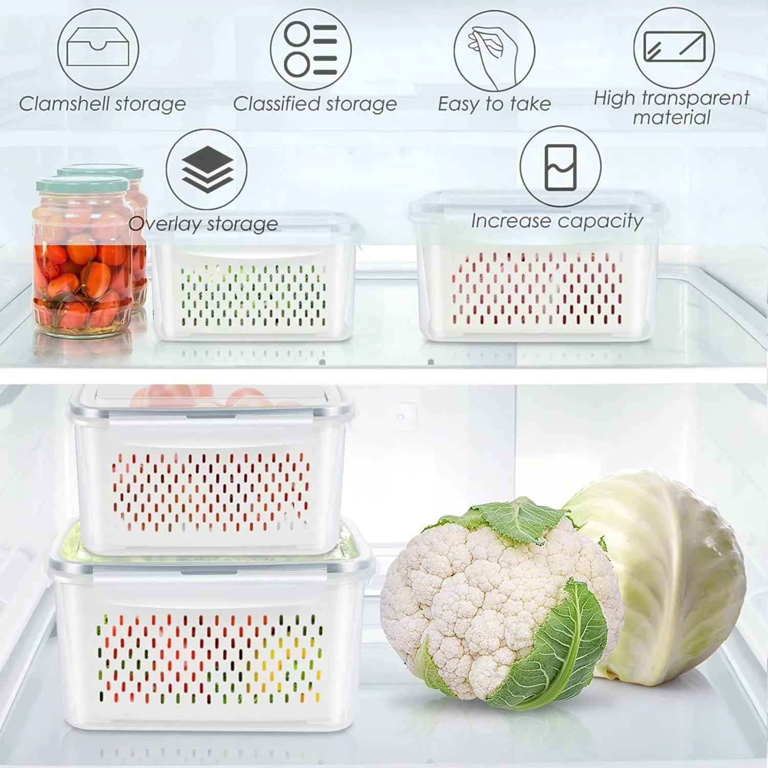 Fresh Food Storage Containers, 3 Pack Large Capacity Produce Saver Box with Drain Baskets & Lid for Vegetable and Fruit - BPA Free Stackable Refrigerator Organizer for Kitchen (0.8L 1.7L 3.15L)