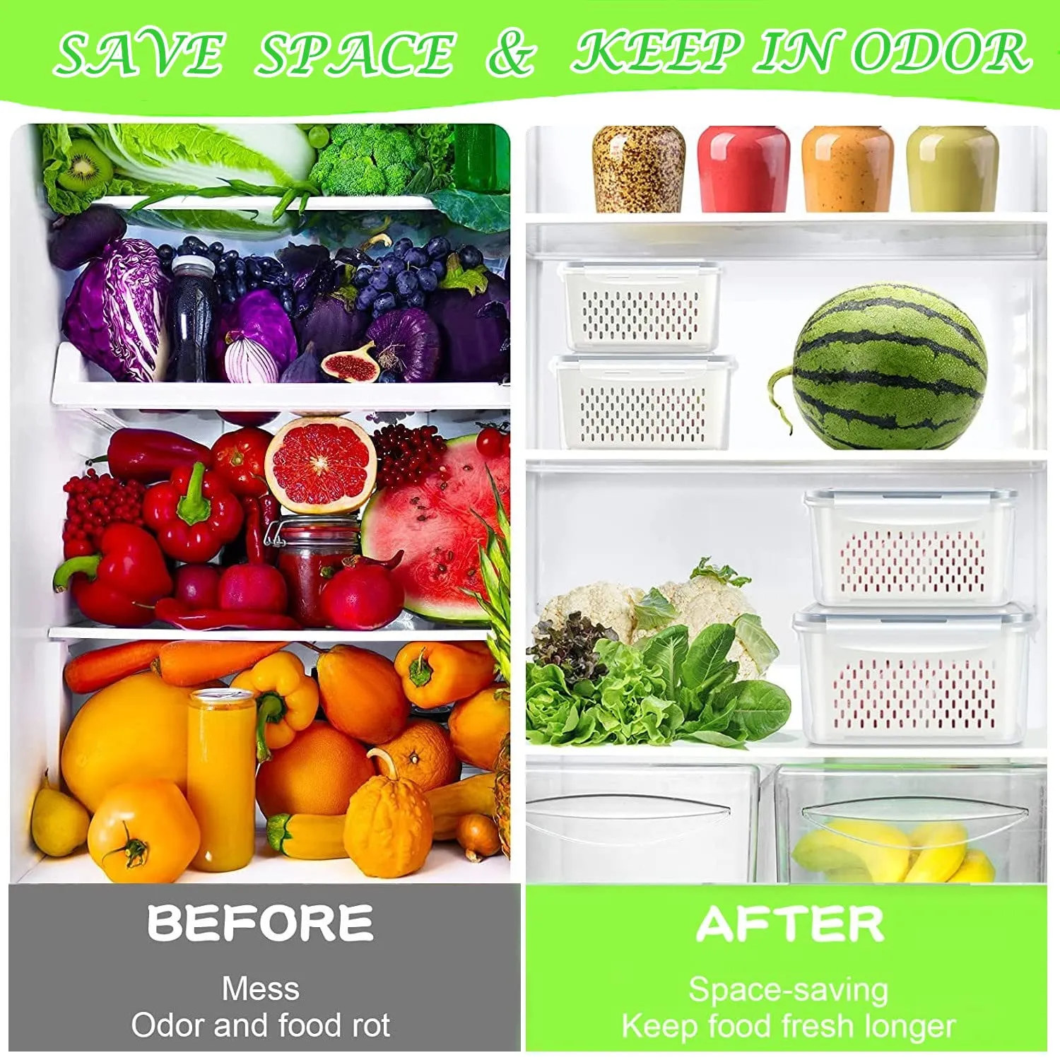 Fresh Food Storage Containers, 3 Pack Large Capacity Produce Saver Box with Drain Baskets & Lid for Vegetable and Fruit - BPA Free Stackable Refrigerator Organizer for Kitchen (0.8L 1.7L 3.15L)