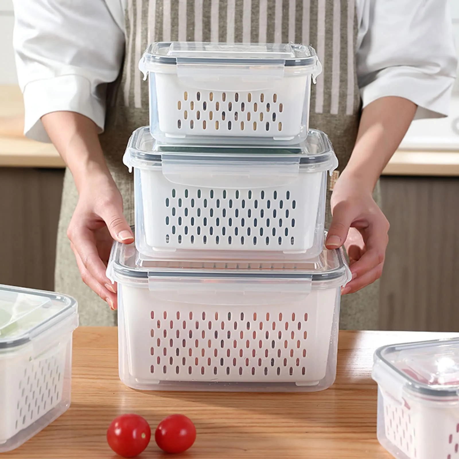 Fresh Food Storage Containers, 3 Pack Large Capacity Produce Saver Box with Drain Baskets & Lid for Vegetable and Fruit - BPA Free Stackable Refrigerator Organizer for Kitchen (0.8L 1.7L 3.15L)