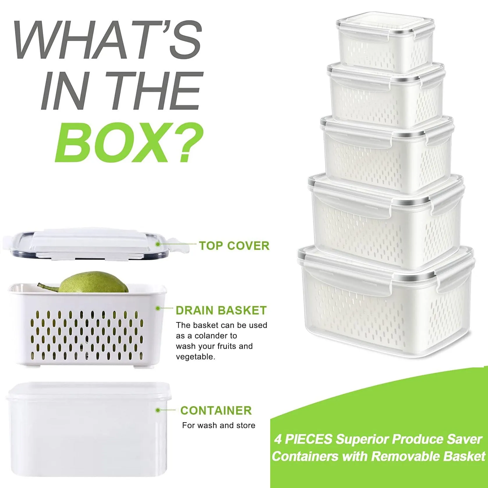 Fresh Food Storage Containers, 3 Pack Large Capacity Produce Saver Box with Drain Baskets & Lid for Vegetable and Fruit - BPA Free Stackable Refrigerator Organizer for Kitchen (0.8L 1.7L 3.15L)