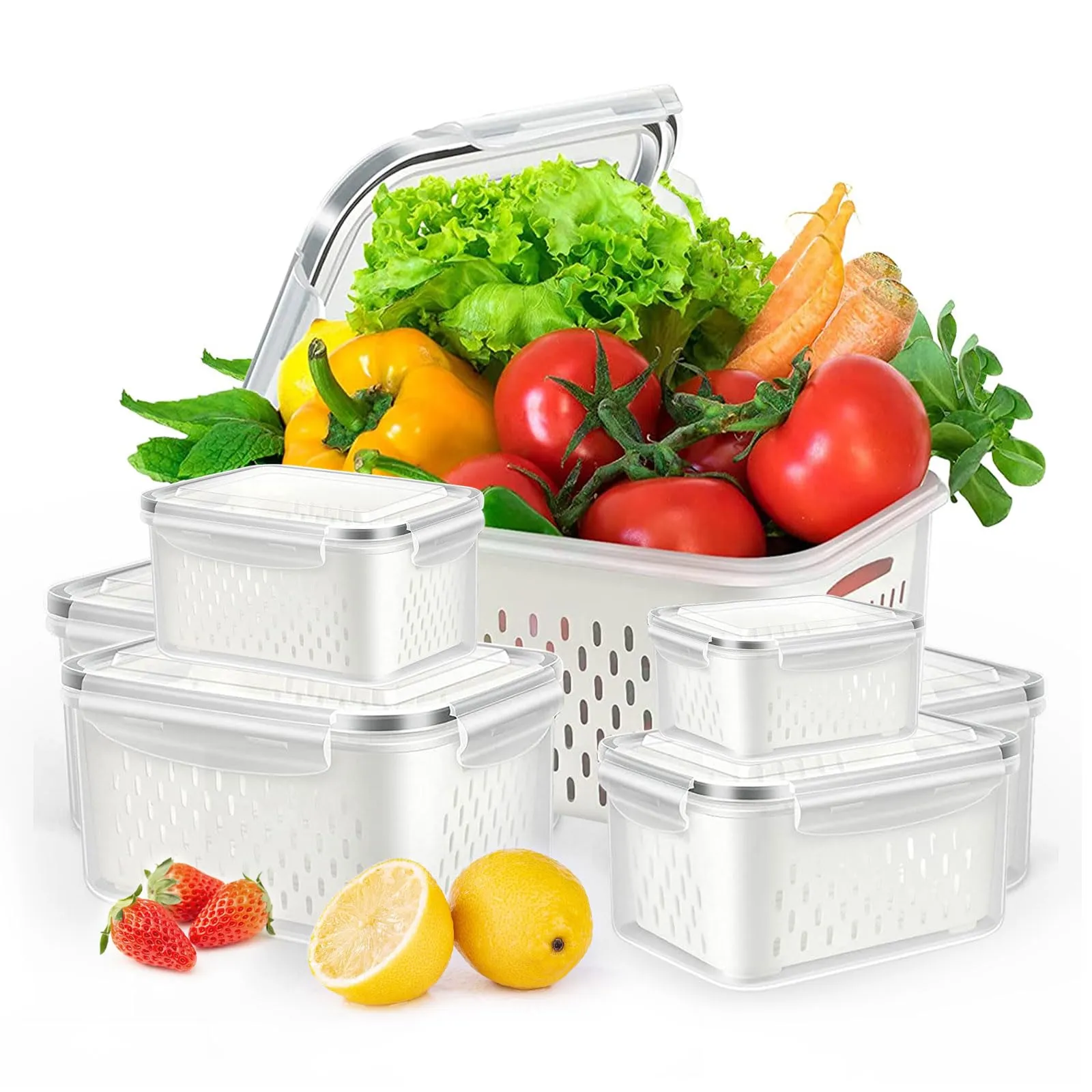 Fresh Food Storage Containers, 3 Pack Large Capacity Produce Saver Box with Drain Baskets & Lid for Vegetable and Fruit - BPA Free Stackable Refrigerator Organizer for Kitchen (0.8L 1.7L 3.15L)