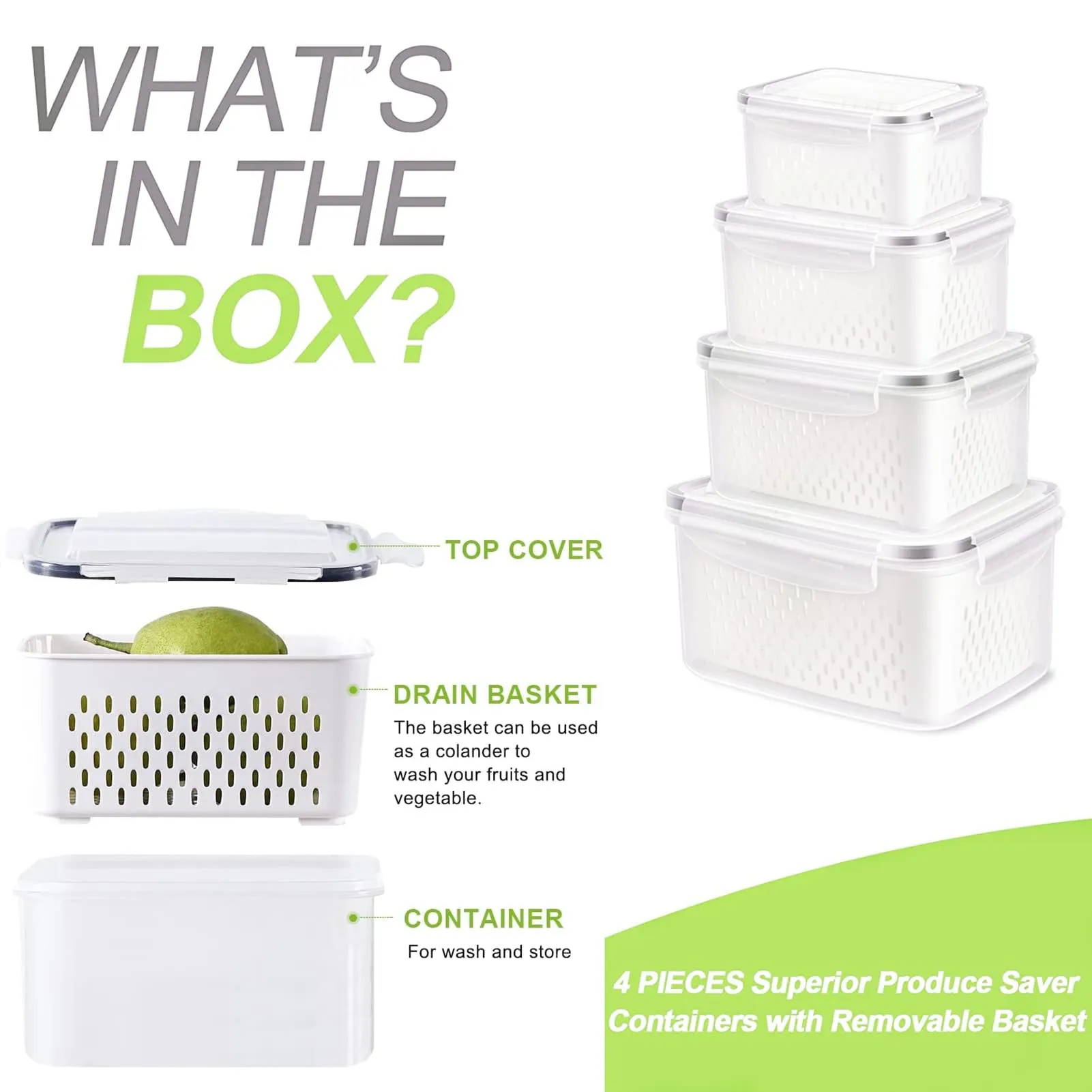 Fresh Food Storage Containers, 3 Pack Large Capacity Produce Saver Box with Drain Baskets & Lid for Vegetable and Fruit - BPA Free Stackable Refrigerator Organizer for Kitchen (0.8L 1.7L 3.15L)