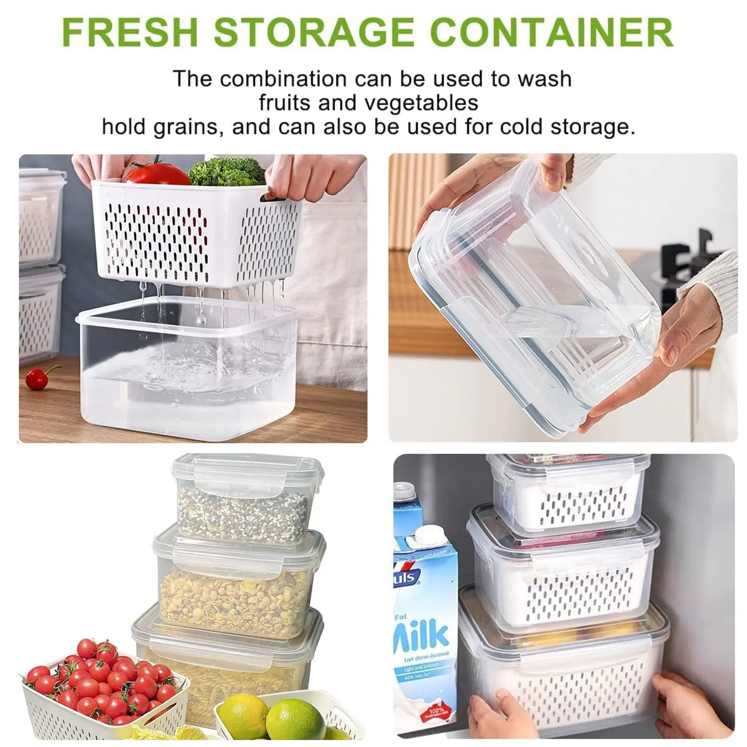 Fresh Food Storage Containers, 3 Pack Large Capacity Produce Saver Box with Drain Baskets & Lid for Vegetable and Fruit - BPA Free Stackable Refrigerator Organizer for Kitchen (0.8L 1.7L 3.15L)