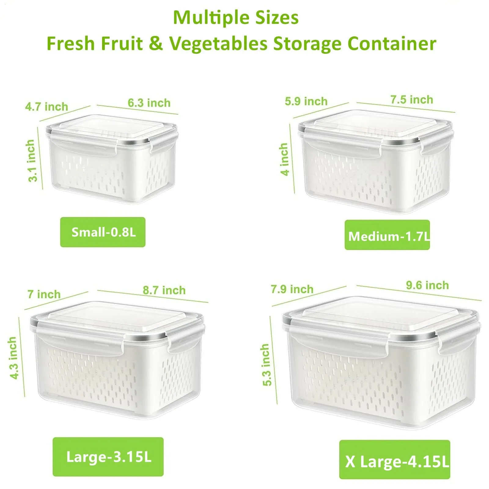 Fresh Food Storage Containers, 3 Pack Large Capacity Produce Saver Box with Drain Baskets & Lid for Vegetable and Fruit - BPA Free Stackable Refrigerator Organizer for Kitchen (0.8L 1.7L 3.15L)