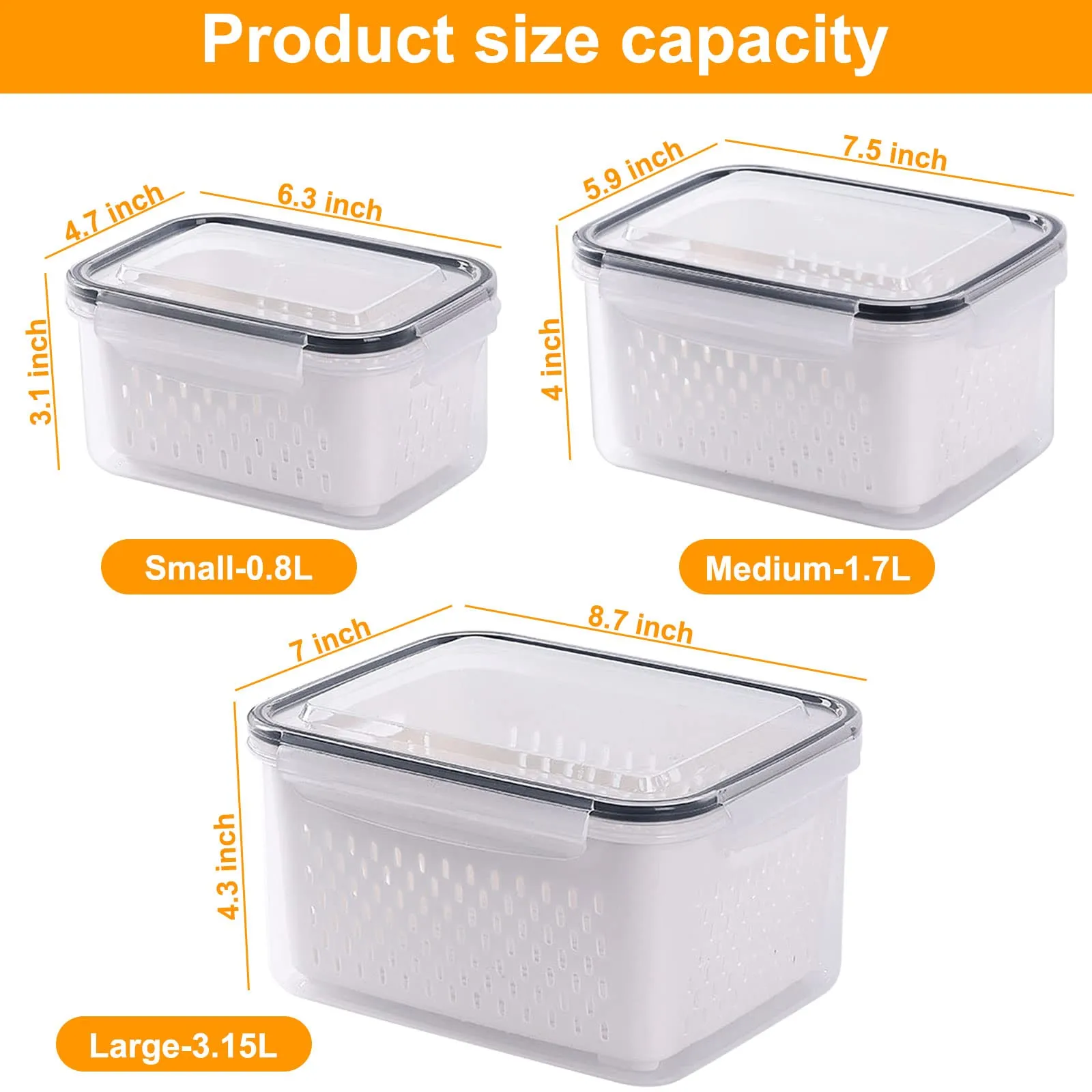 Fresh Food Storage Containers, 3 Pack Large Capacity Produce Saver Box with Drain Baskets & Lid for Vegetable and Fruit - BPA Free Stackable Refrigerator Organizer for Kitchen (0.8L 1.7L 3.15L)
