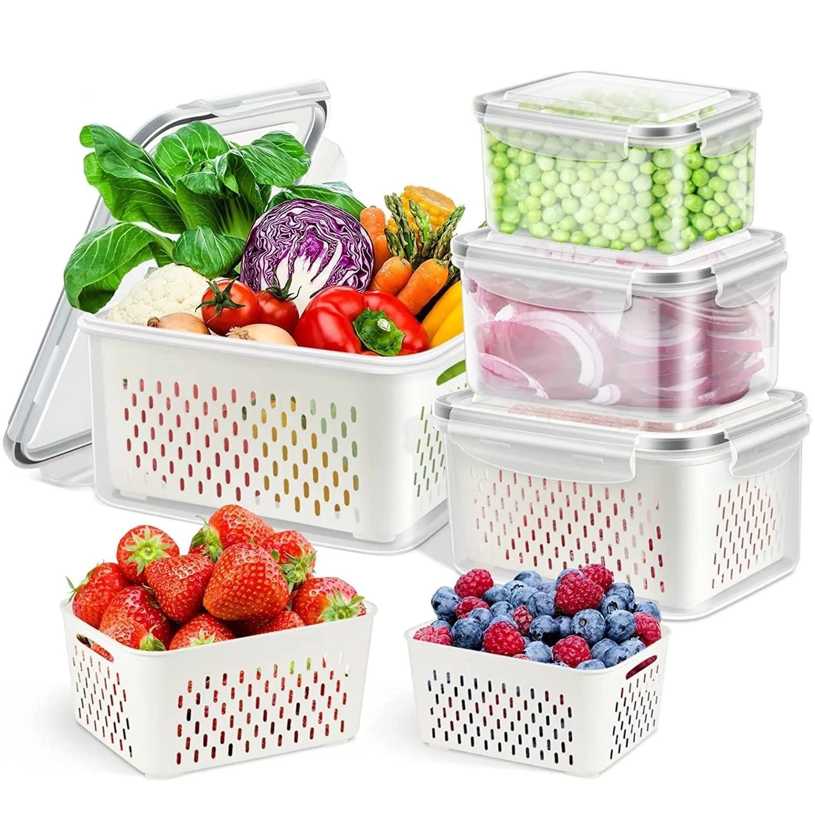 Fresh Food Storage Containers, 3 Pack Large Capacity Produce Saver Box with Drain Baskets & Lid for Vegetable and Fruit - BPA Free Stackable Refrigerator Organizer for Kitchen (0.8L 1.7L 3.15L)