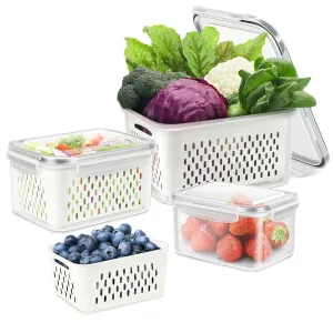 Fresh Food Storage Containers, 3 Pack Large Capacity Produce Saver Box with Drain Baskets & Lid for Vegetable and Fruit - BPA Free Stackable Refrigerator Organizer for Kitchen (0.8L 1.7L 3.15L)
