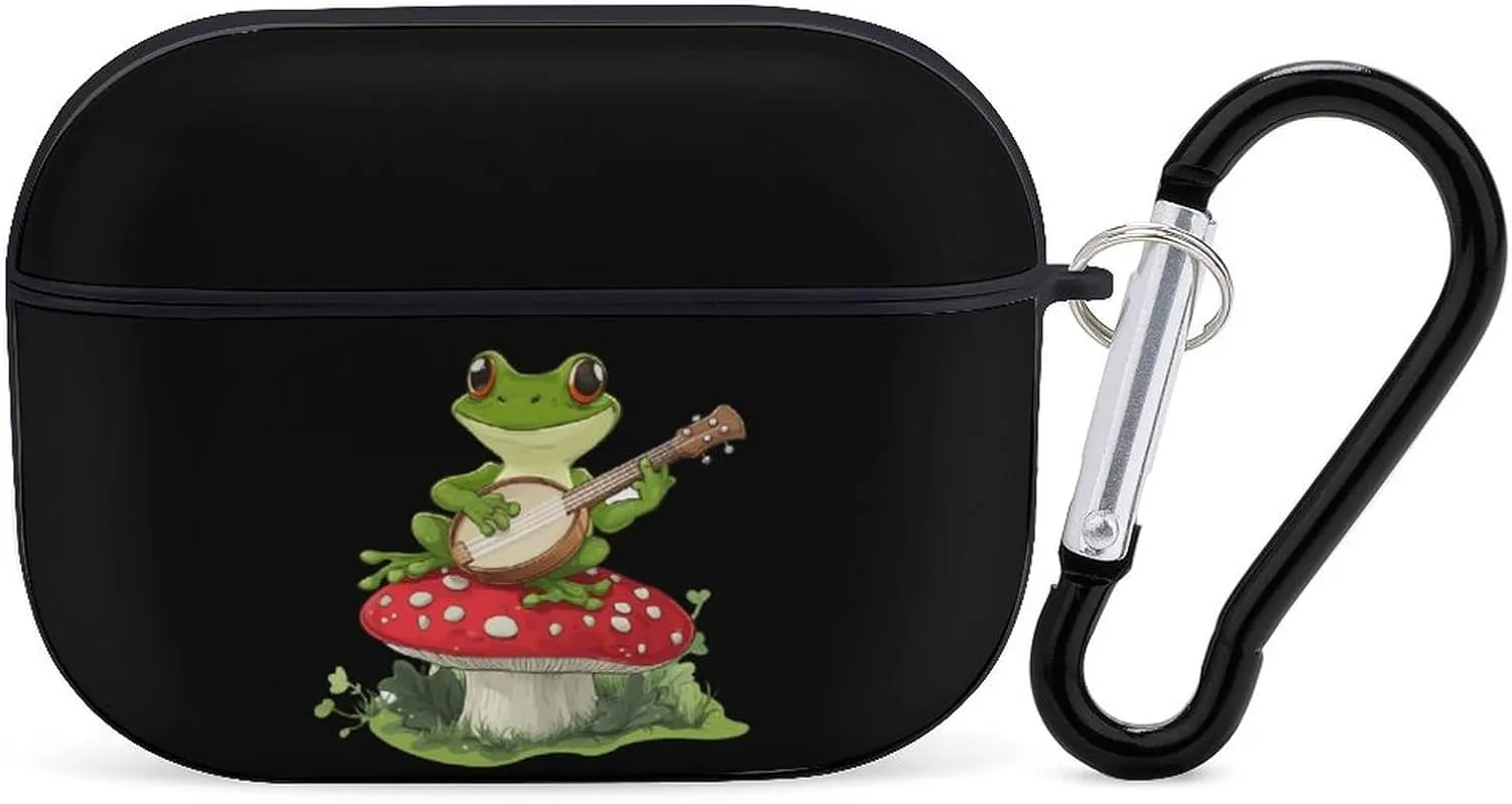 Frog Playing Banjo on Mushroom Earbud Case Bluetooth Headphone Case Full Protective Case with Keychain Compatible with Airpods Pro Black-Style