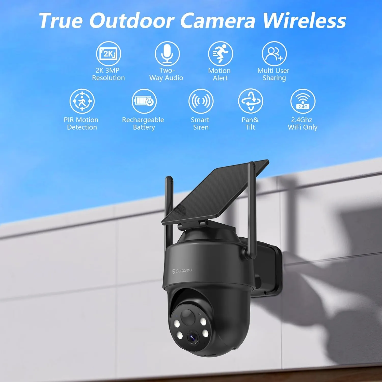 GALAYOU 2K Security Cameras Wireless Outdoor-360 PTZ Cameras for Home Security with Solar Panel/Battery Powered, Night Vision, Two-Way Audio, PIR Sensor, Works with Alexa, R1 4P Black (2.4Ghz Only)