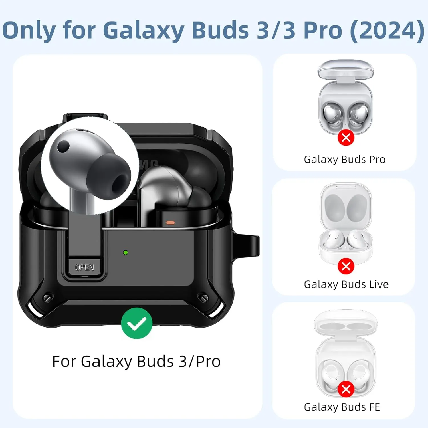 GEAK Case Compatible with Galaxy Buds 3 Pro/Samsung Galaxy Buds 3 Case with Carabiner & Cleaning Kit, Full Protective Hard Cover Shell with Secure Lock Clip for Galaxy Buds 3 Men Women, Black