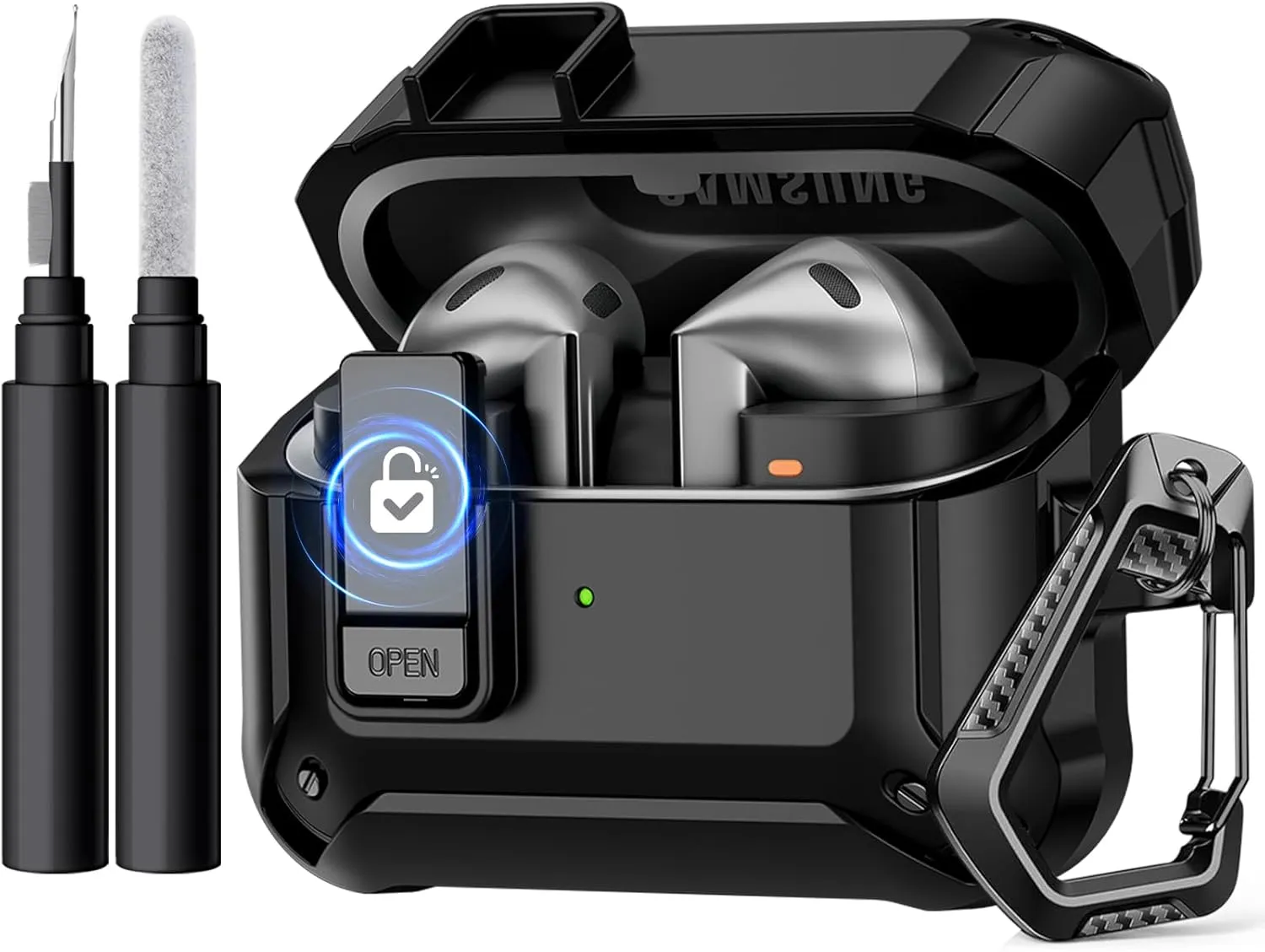 GEAK Case Compatible with Galaxy Buds 3 Pro/Samsung Galaxy Buds 3 Case with Carabiner & Cleaning Kit, Full Protective Hard Cover Shell with Secure Lock Clip for Galaxy Buds 3 Men Women, Black