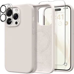 GONEZ for iPhone 14 Pro Max Case Silicone, Compatible with MagSafe, with Screen Protector   Camera Lens Protector, Liquid Silicone Shockproof Protective iPhone 14 ProMax Case 6.7", Stone