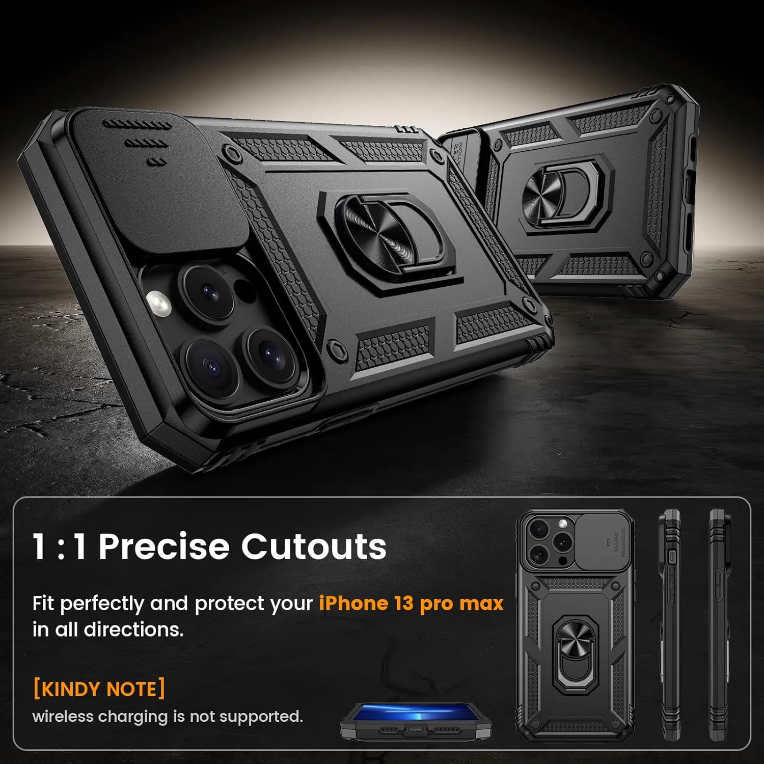 Goton Compatible for iPhone 13 Pro Max Case with Screen Protector - Slide Camera Protective Phone Cover with Ring Stand, Heavy Duty Shockproof Rugged Bumper for 13 ProMax Accessories Black