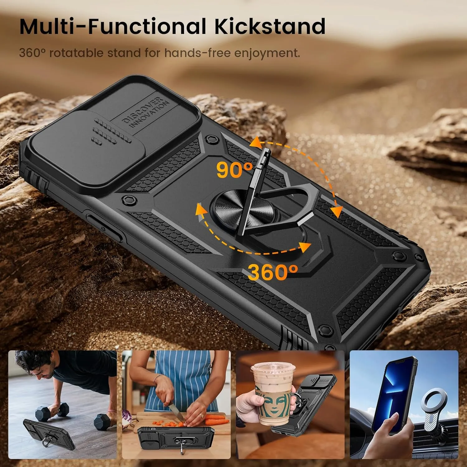 Goton Compatible for iPhone 13 Pro Max Case with Screen Protector - Slide Camera Protective Phone Cover with Ring Stand, Heavy Duty Shockproof Rugged Bumper for 13 ProMax Accessories Black