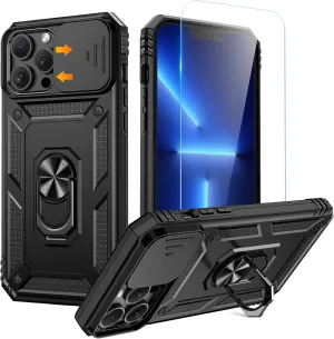 Goton Compatible for iPhone 13 Pro Max Case with Screen Protector - Slide Camera Protective Phone Cover with Ring Stand, Heavy Duty Shockproof Rugged Bumper for 13 ProMax Accessories Black