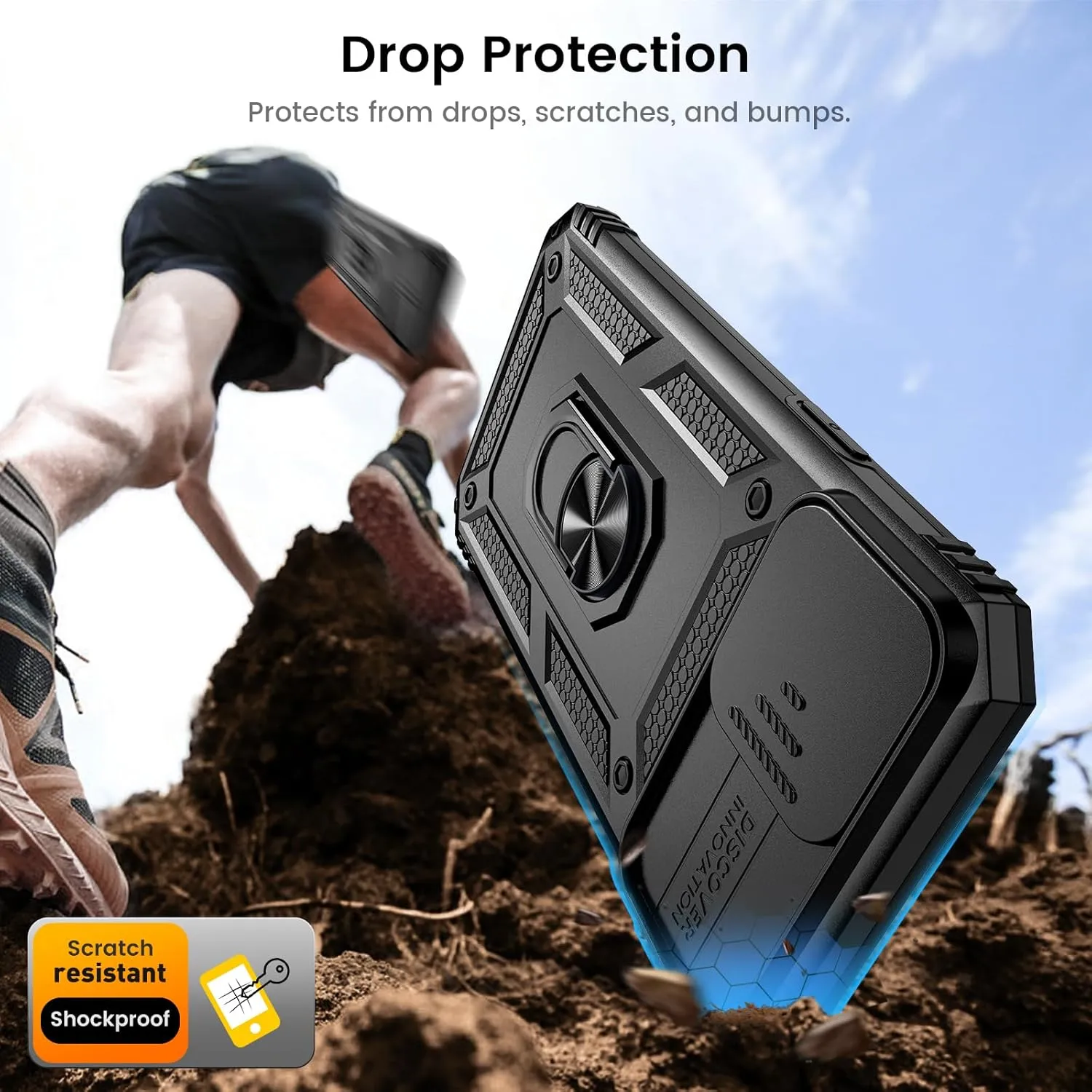 Goton Compatible for iPhone 13 Pro Max Case with Screen Protector - Slide Camera Protective Phone Cover with Ring Stand, Heavy Duty Shockproof Rugged Bumper for 13 ProMax Accessories Black