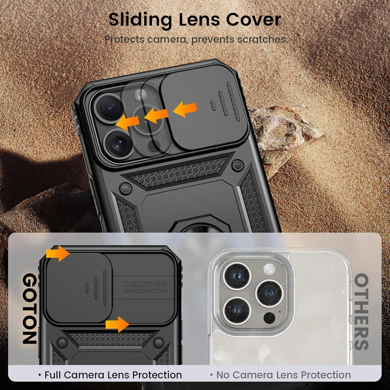 Goton Compatible for iPhone 13 Pro Max Case with Screen Protector - Slide Camera Protective Phone Cover with Ring Stand, Heavy Duty Shockproof Rugged Bumper for 13 ProMax Accessories Black