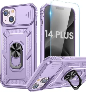 Goton for iPhone 14 Plus Case with Screen Protector - Slide Camera Cover Phone Case with Ring Stand, Heavy Duty Military Grade Shockproof Rugged Bumper for iPhone 14 Plus Accessories Purple