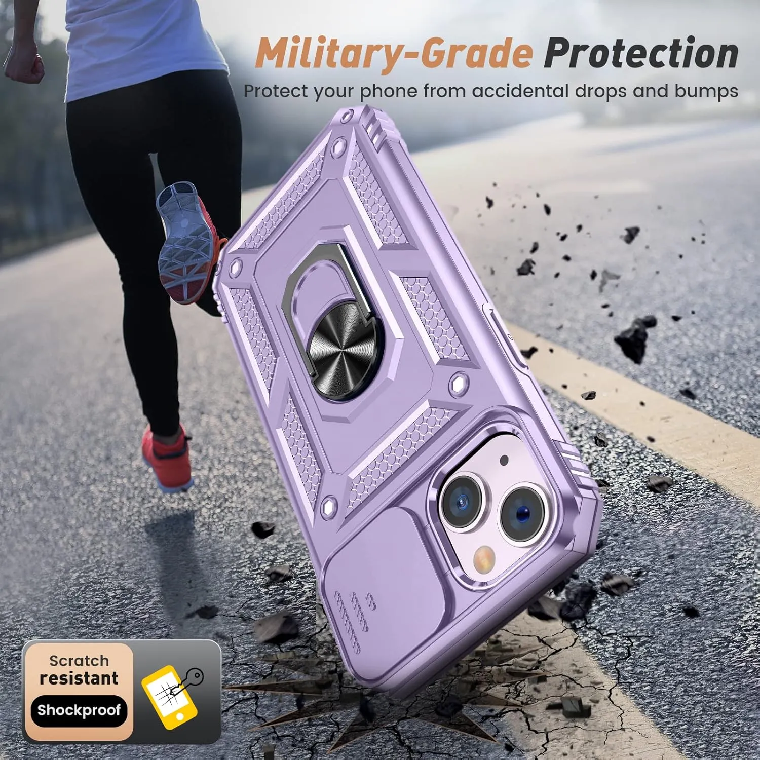 Goton for iPhone 14 Plus Case with Screen Protector - Slide Camera Cover Phone Case with Ring Stand, Heavy Duty Military Grade Shockproof Rugged Bumper for iPhone 14 Plus Accessories Purple
