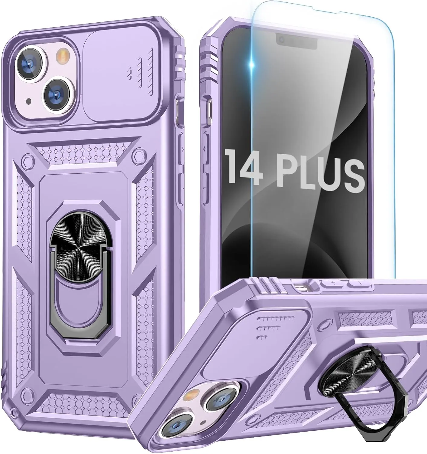 Goton for iPhone 14 Plus Case with Screen Protector - Slide Camera Cover Phone Case with Ring Stand, Heavy Duty Military Grade Shockproof Rugged Bumper for iPhone 14 Plus Accessories Purple