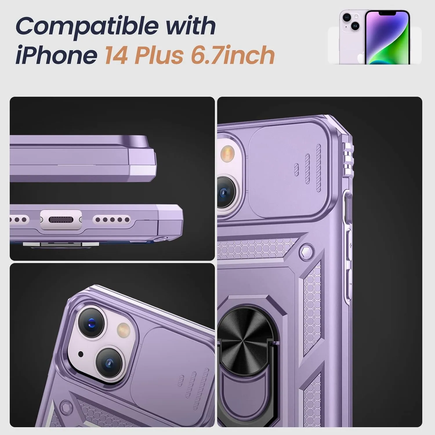Goton for iPhone 14 Plus Case with Screen Protector - Slide Camera Cover Phone Case with Ring Stand, Heavy Duty Military Grade Shockproof Rugged Bumper for iPhone 14 Plus Accessories Purple