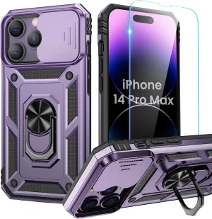 Goton for iPhone 14 Pro Max Case with Screen Protector - Slide Camera Cover Phone Case with Ring Stand, Heavy Duty Military Grade Shockproof Rugged Case for 14 Pro Max Accessories Dark Purple