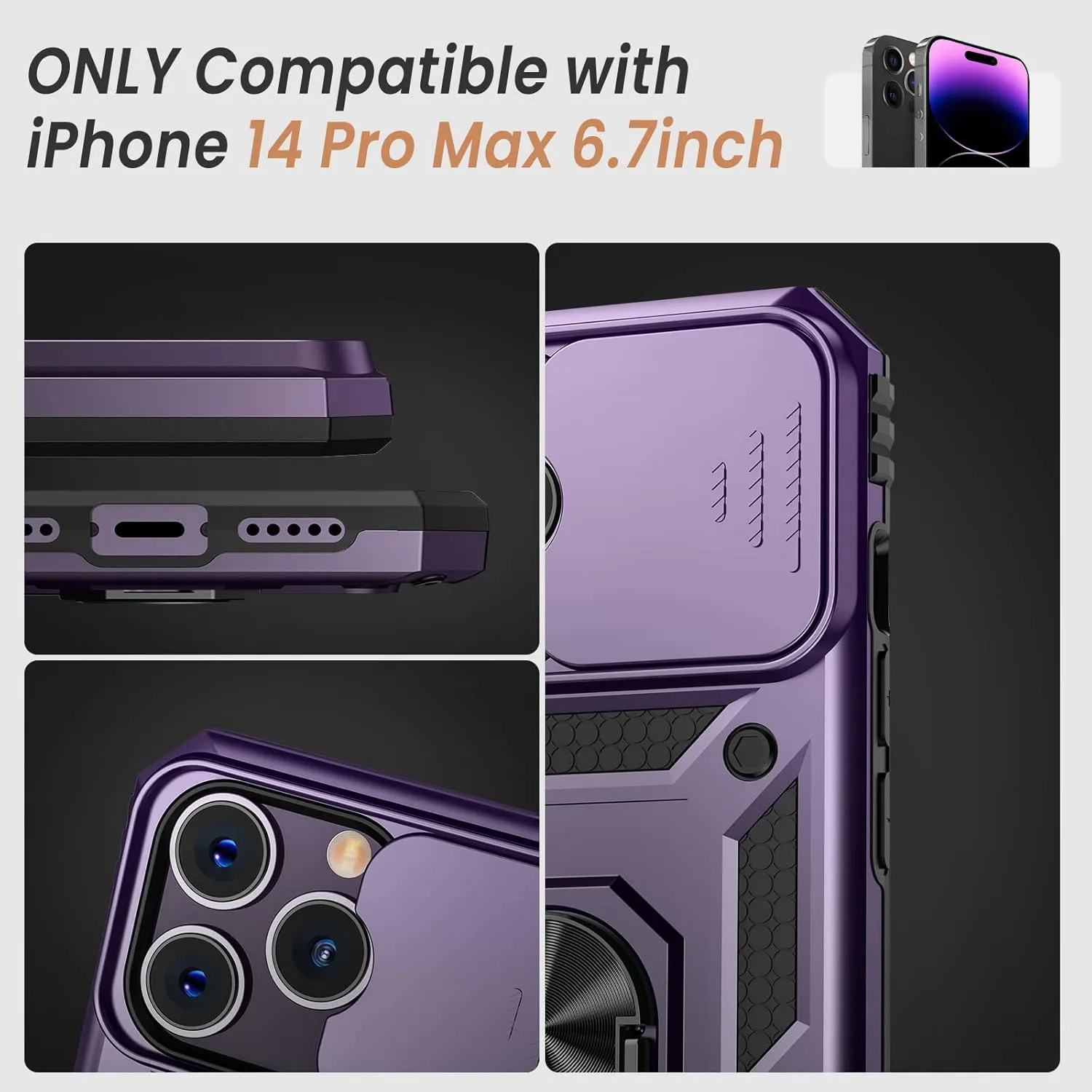 Goton for iPhone 14 Pro Max Case with Screen Protector - Slide Camera Cover Phone Case with Ring Stand, Heavy Duty Military Grade Shockproof Rugged Case for 14 Pro Max Accessories Dark Purple