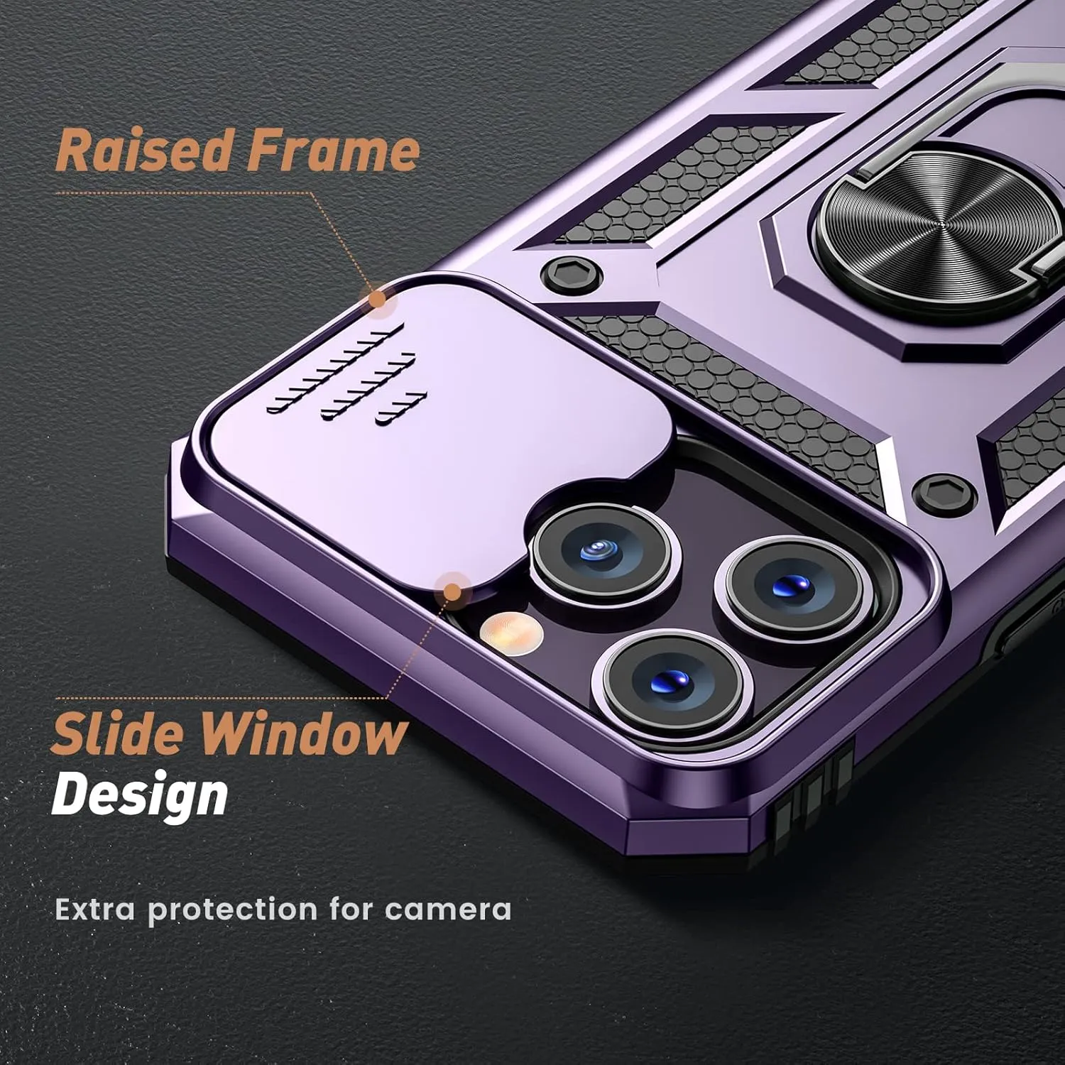 Goton for iPhone 14 Pro Max Case with Screen Protector - Slide Camera Cover Phone Case with Ring Stand, Heavy Duty Military Grade Shockproof Rugged Case for 14 Pro Max Accessories Dark Purple