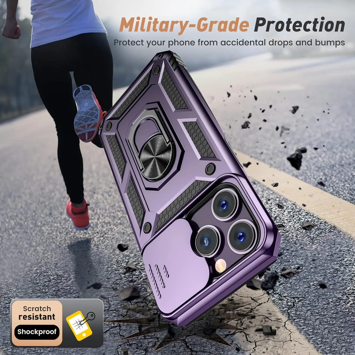 Goton for iPhone 14 Pro Max Case with Screen Protector - Slide Camera Cover Phone Case with Ring Stand, Heavy Duty Military Grade Shockproof Rugged Case for 14 Pro Max Accessories Dark Purple
