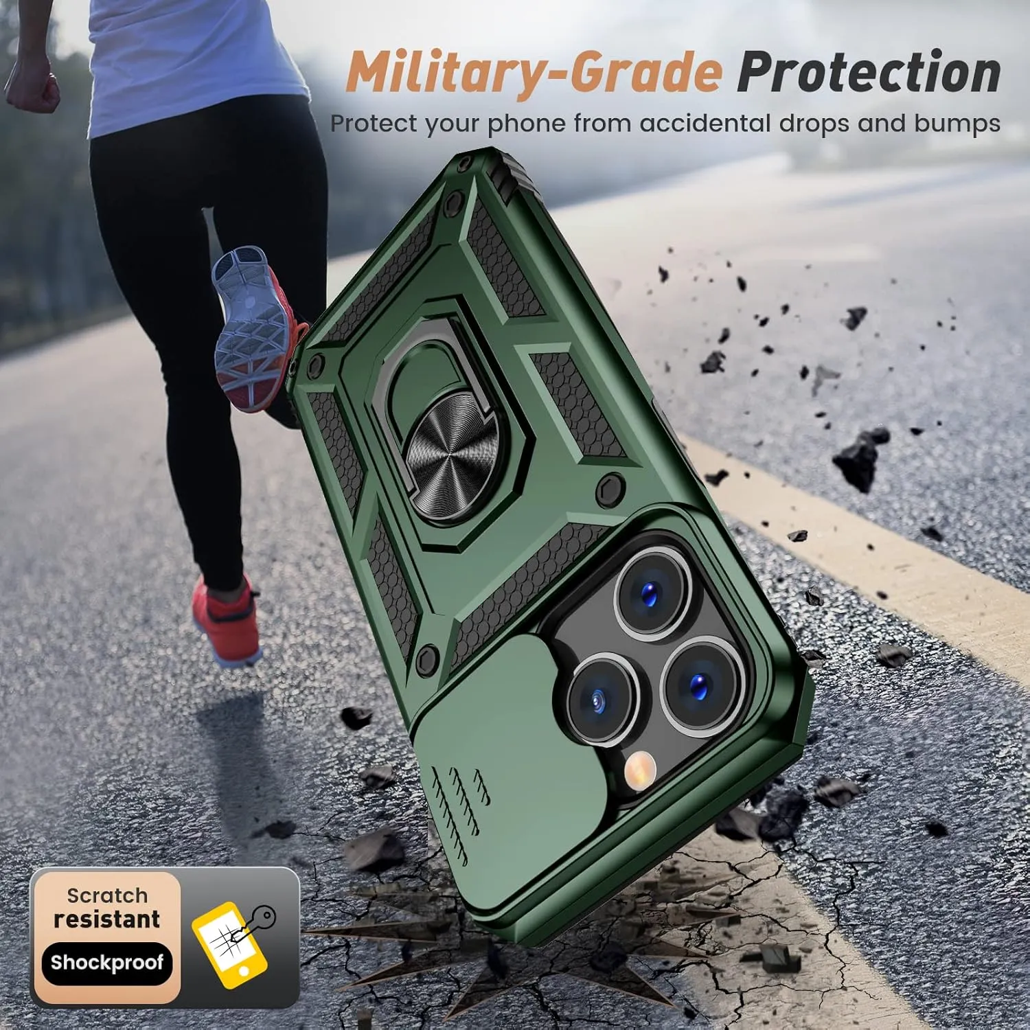 Goton for iPhone 14 Pro Max Case with Screen Protector - Slide Camera Cover Phone Case with Ring Stand, Heavy Duty Military Grade Shockproof Rugged Cover for iPhone 14 Pro Max Accessories Alpine Green