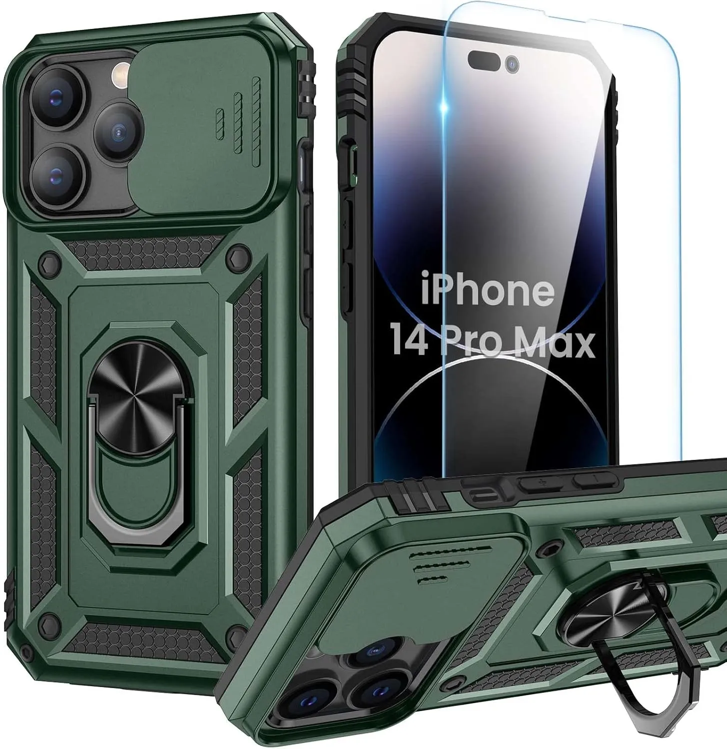 Goton for iPhone 14 Pro Max Case with Screen Protector - Slide Camera Cover Phone Case with Ring Stand, Heavy Duty Military Grade Shockproof Rugged Cover for iPhone 14 Pro Max Accessories Alpine Green