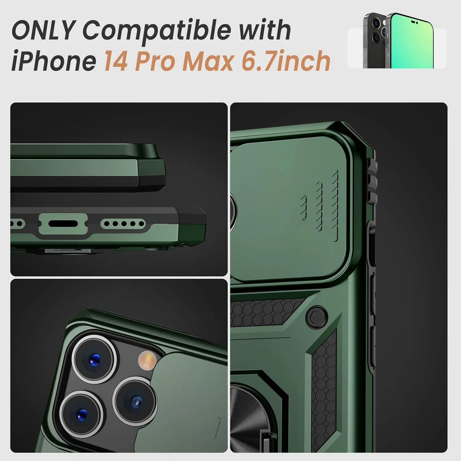 Goton for iPhone 14 Pro Max Case with Screen Protector - Slide Camera Cover Phone Case with Ring Stand, Heavy Duty Military Grade Shockproof Rugged Cover for iPhone 14 Pro Max Accessories Alpine Green