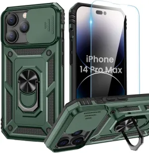 Goton for iPhone 14 Pro Max Case with Screen Protector - Slide Camera Cover Phone Case with Ring Stand, Heavy Duty Military Grade Shockproof Rugged Cover for iPhone 14 Pro Max Accessories Alpine Green
