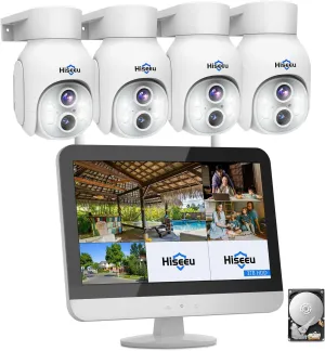 Hiseeu Wireless Security Camera System 2K Dual-Lens [WiFi Pro& Plug-in Power] No Subscription,10X Zoom Security System Outdoor Camera with 12'' Monitor Dvr,3TB,4 Cam-Kit with 350 Pan & Tilt,16CH