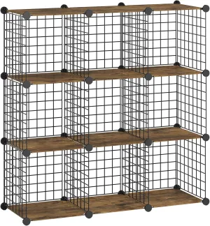 HOOBRO Cube Storage Organizer, Wire Cube Storage, 9-Cube Metal Grid Storage Shelf, Modular Cabinet, DIY Cube Bookshelf, for Living Room, Bedroom, Study, Rustic Brown and Black BF09CW01
