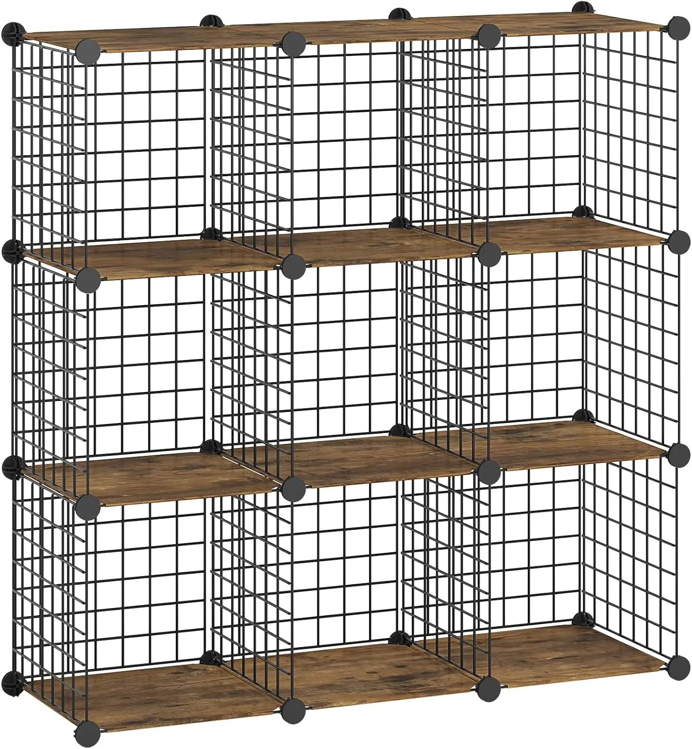 HOOBRO Cube Storage Organizer, Wire Cube Storage, 9-Cube Metal Grid Storage Shelf, Modular Cabinet, DIY Cube Bookshelf, for Living Room, Bedroom, Study, Rustic Brown and Black BF09CW01