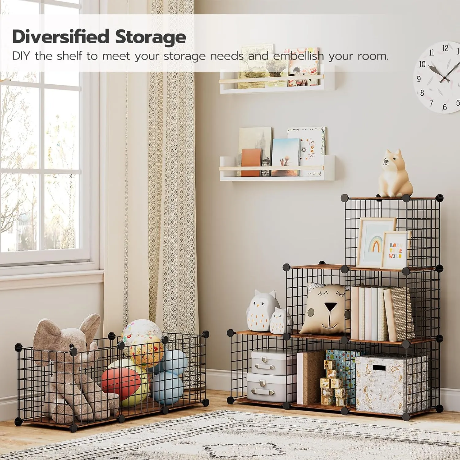 HOOBRO Cube Storage Organizer, Wire Cube Storage, 9-Cube Metal Grid Storage Shelf, Modular Cabinet, DIY Cube Bookshelf, for Living Room, Bedroom, Study, Rustic Brown and Black BF09CW01