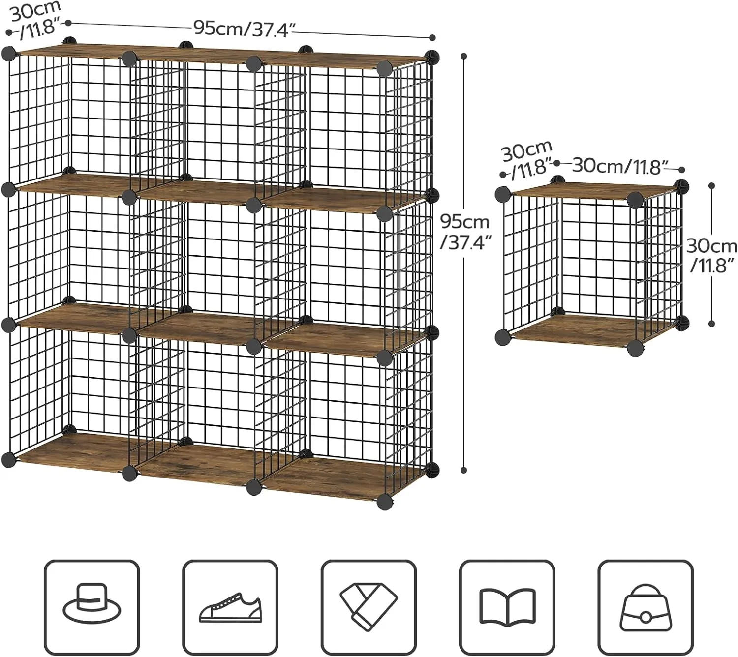 HOOBRO Cube Storage Organizer, Wire Cube Storage, 9-Cube Metal Grid Storage Shelf, Modular Cabinet, DIY Cube Bookshelf, for Living Room, Bedroom, Study, Rustic Brown and Black BF09CW01