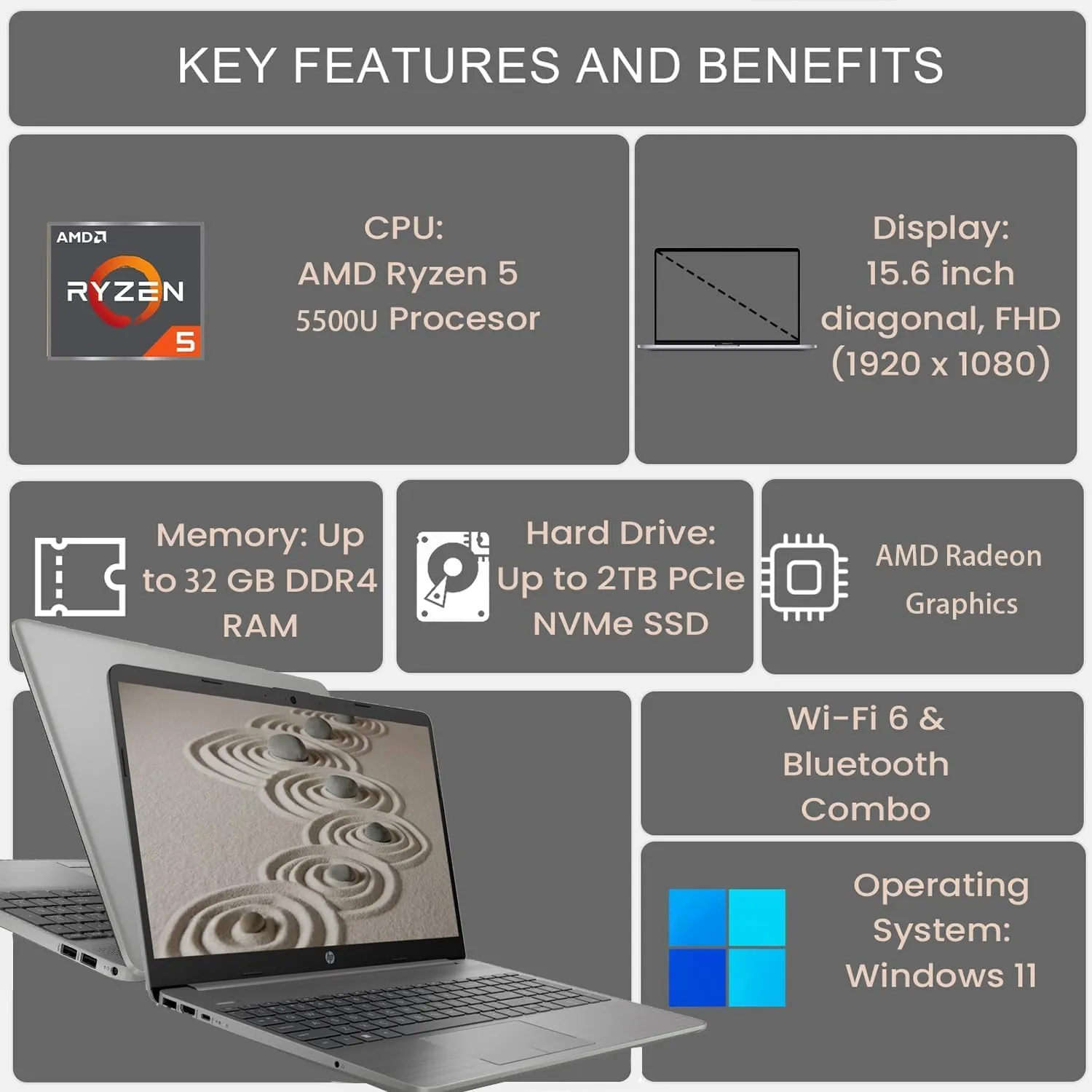 HP Essential 255 G8 15.6 Business Laptop, 15.6" FHD Display, AMD Ryzen 5 5500U, 32GB RAM, 2TB SSD, Webcam, RJ-45, Bluetooth, SD Card Reader, HDMI, Wi-Fi 6, Windows 11 Pro, Grey