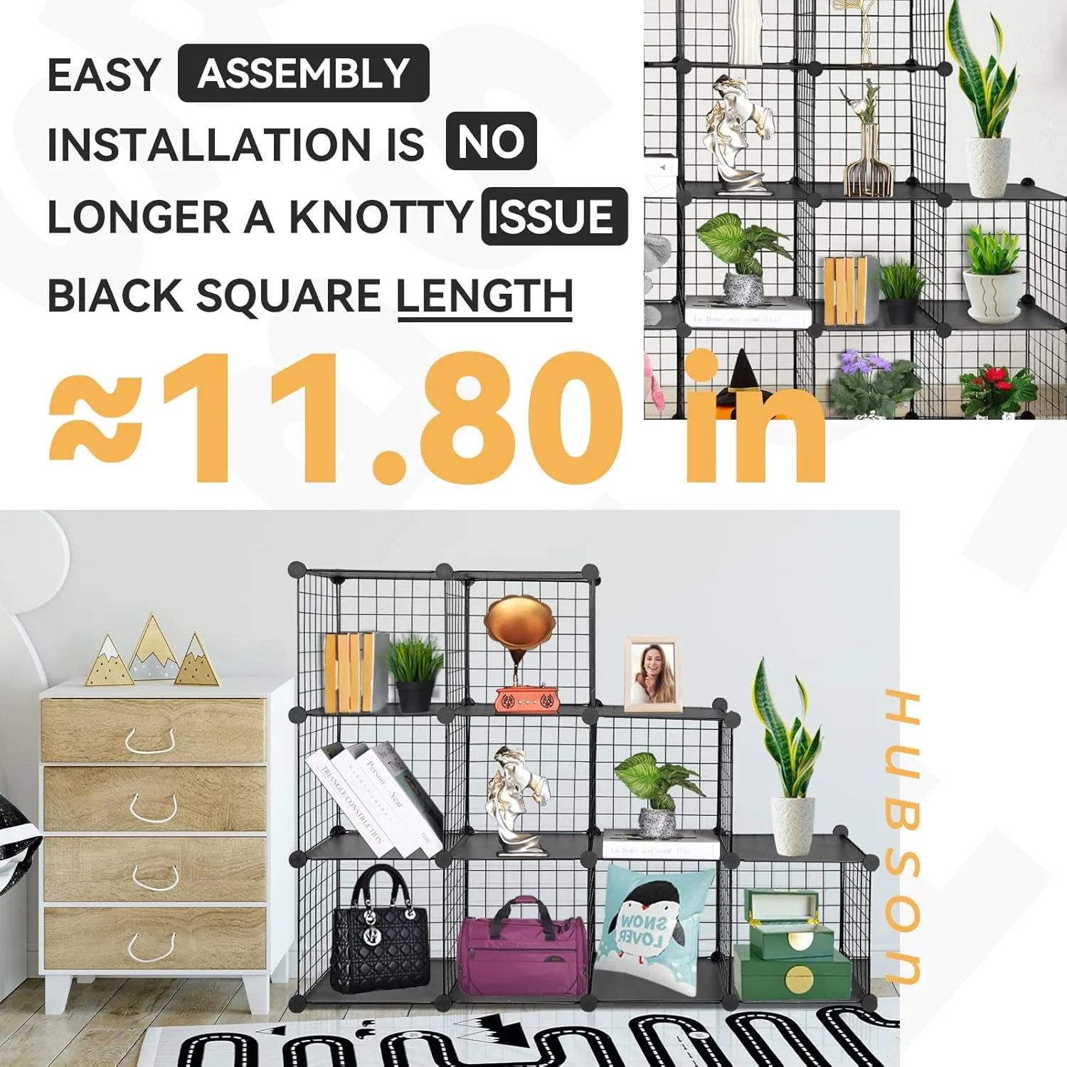 HUBSON Wire Cube Storage Organizer, Book/Toy/Craft/Potted Plants and petCloset Organizers and Storage Shelves, 25-Cube Freely Combinable Metal Grids Storage Shelf,Black Plus Iron